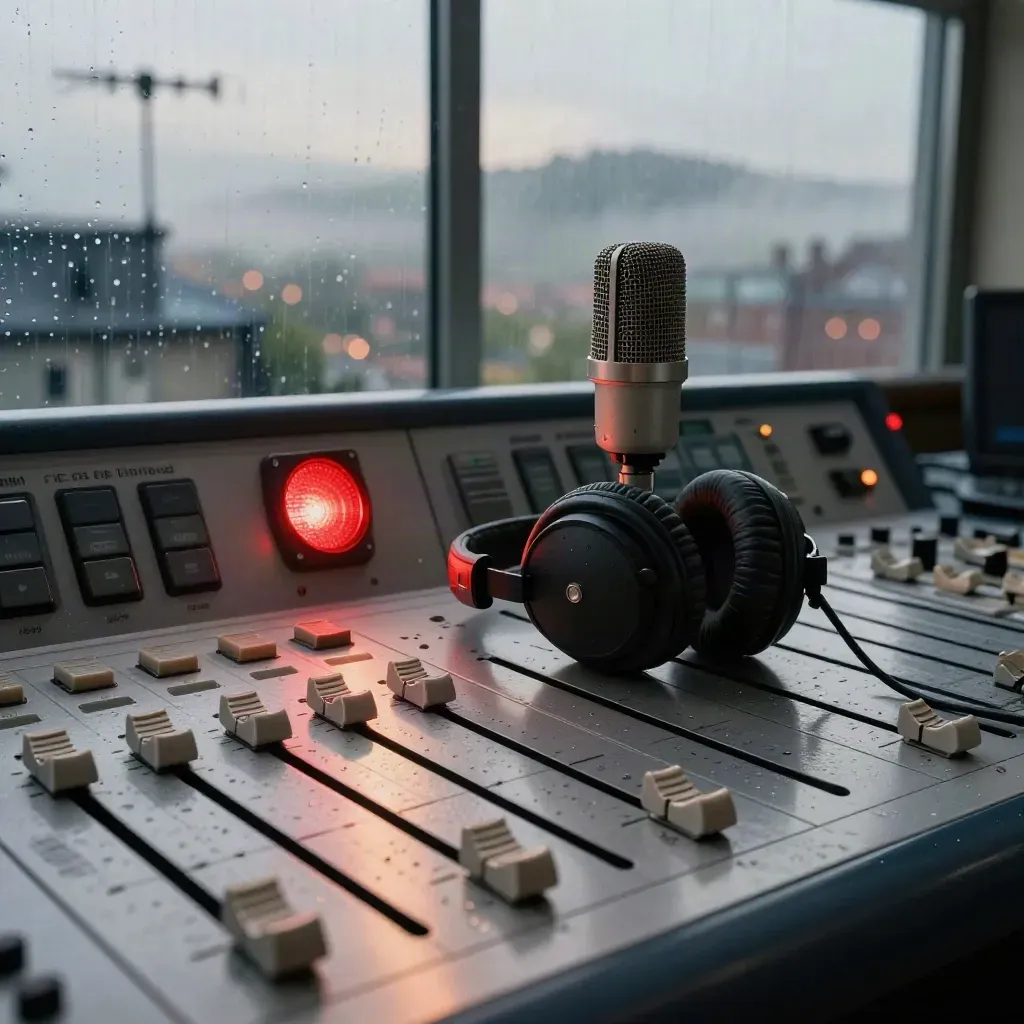 Console radio con microfono sospeso, cuffie e skyline piovoso all’alba dietro il vetro