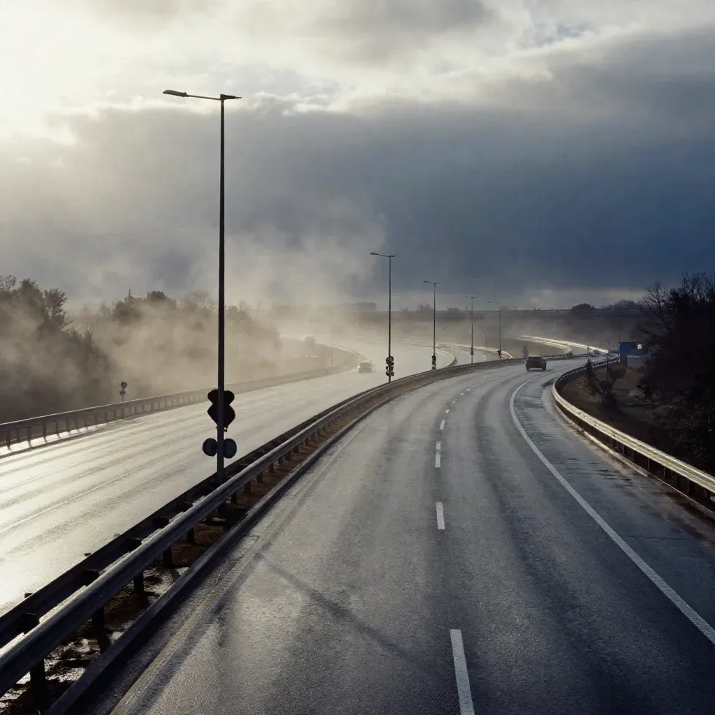 Autostrada bagnata con spray mattutino, nuvole basse e un palo meteo lungo il cavalcavia.