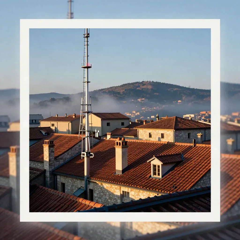 Panorama mattutino di un borgo collinare con traliccio radio e tetti in cotto nella luce dell’alba.