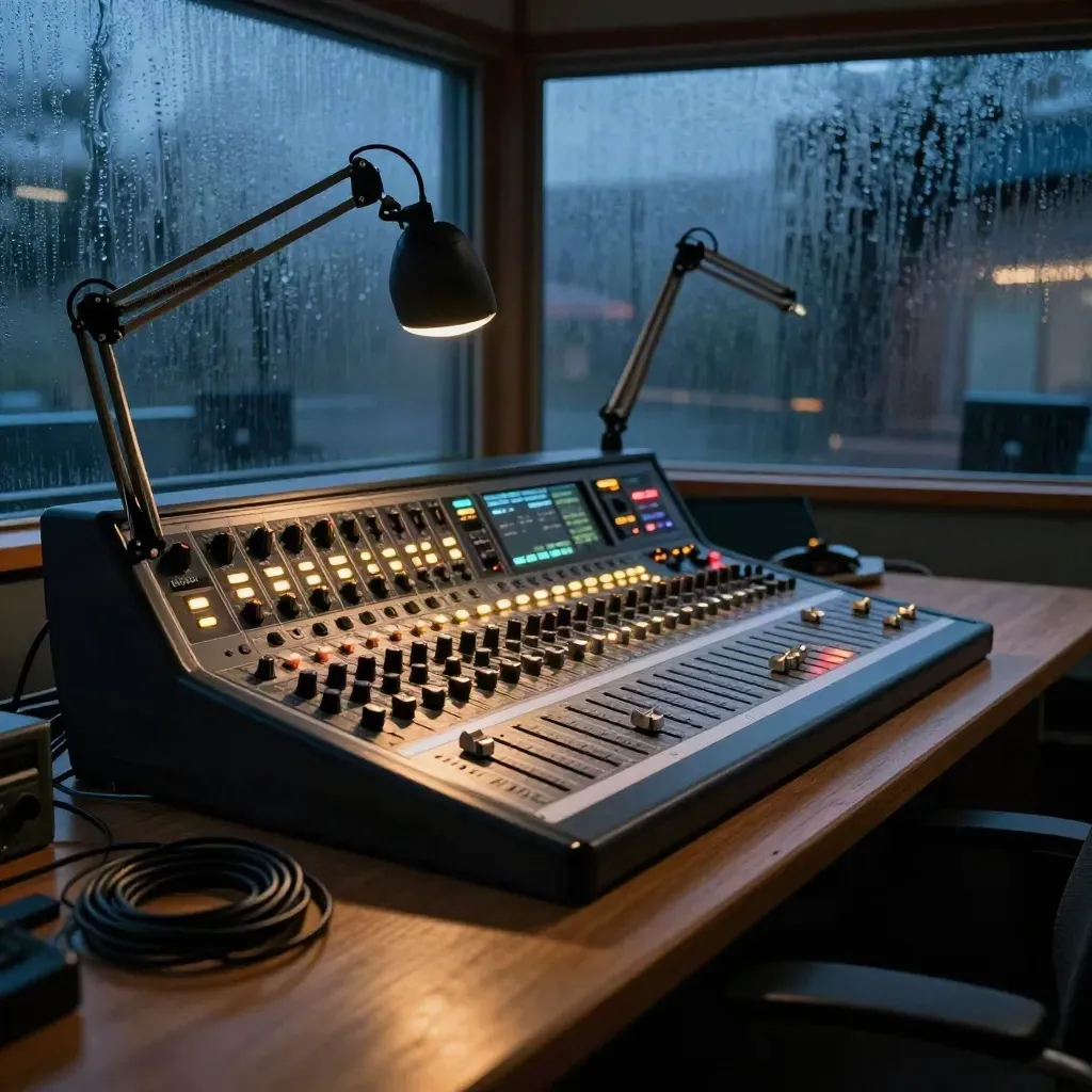 Regia radio con mixer luminoso, bracci microfonici e vetri umidi al crepuscolo.