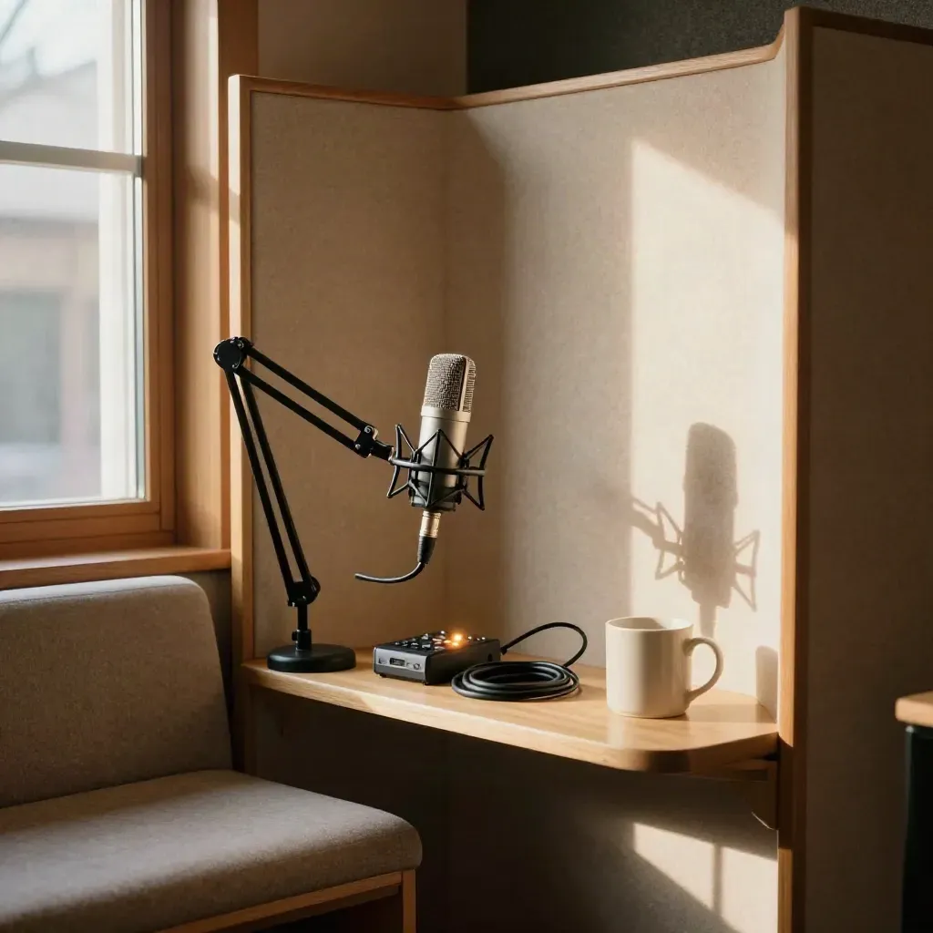 Booth podcast intimo con microfono, registratore e tazza in ceramica alla luce del pomeriggio.