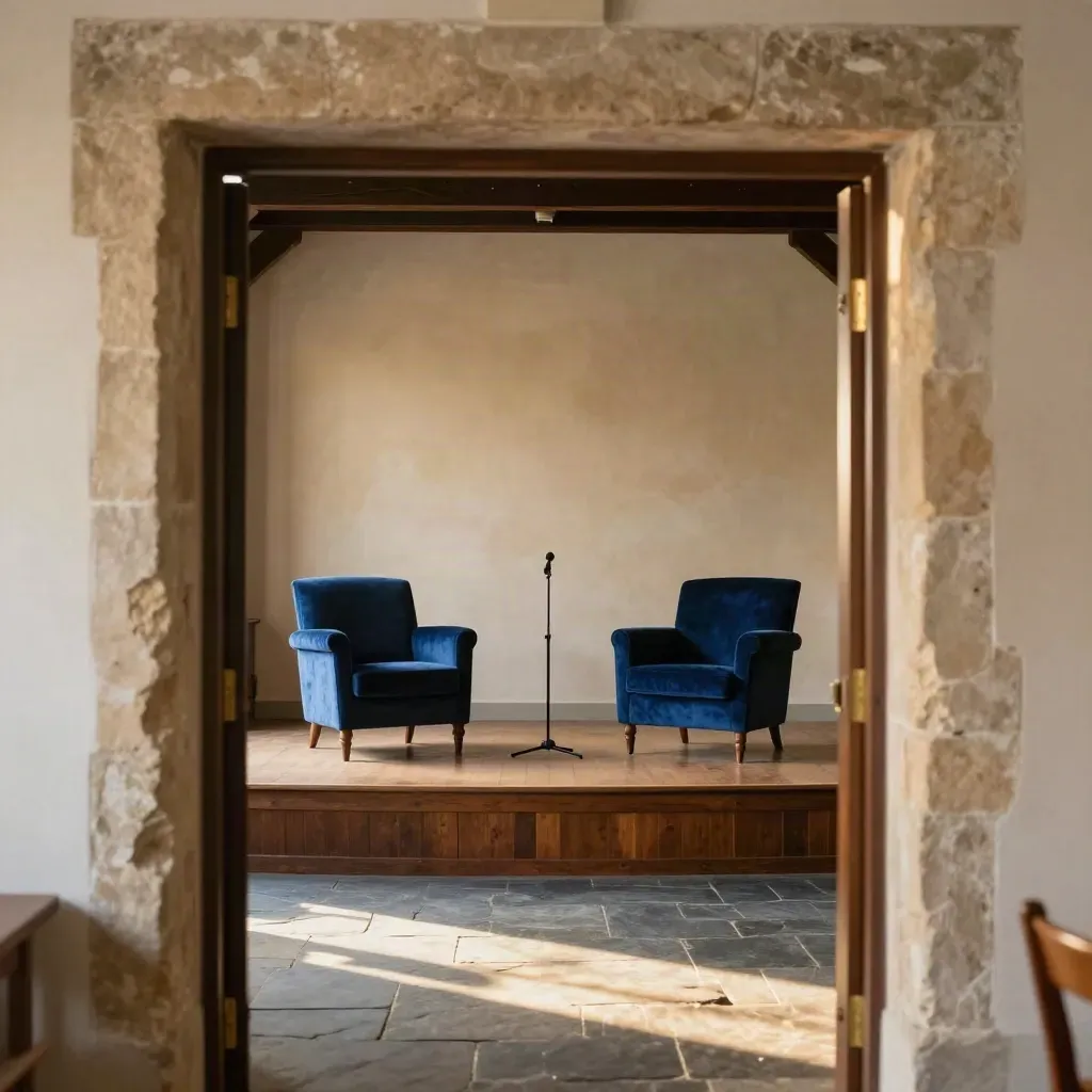 Sala comunitaria in pietra con due poltrone vuote e microfono sul palco, luce calda.