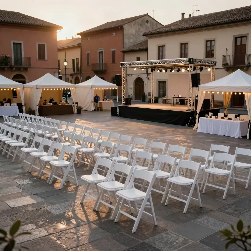 Piazza al tramonto con sedie accatastate, palco e tende in allestimento sotto luci calde