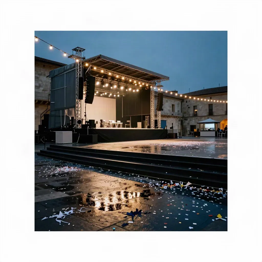 Piazza di festival al crepuscolo, palco vuoto, coriandoli bagnati e luci sospese