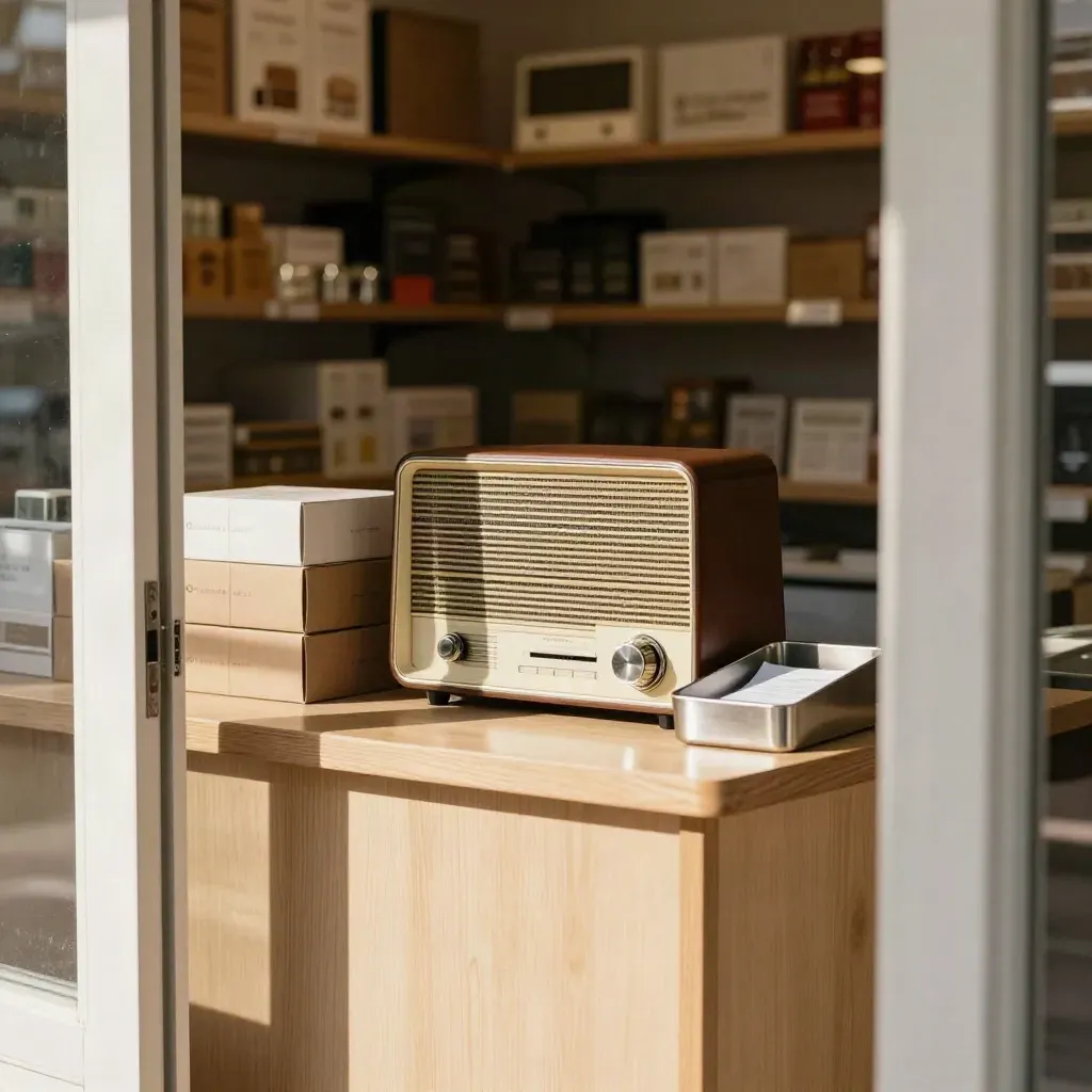 Banco di negozio di quartiere con radio, scatole e cassetto scontrini in luce mattutina