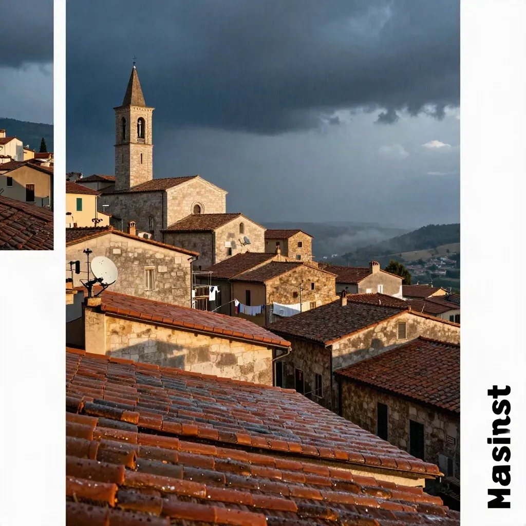 Tetti di collina sotto la pioggia, campanile e antenne satellitari al tramonto.