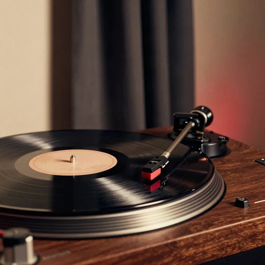 Giradischi con vinile in riproduzione e tenda scura in un’atmosfera notturna calda.