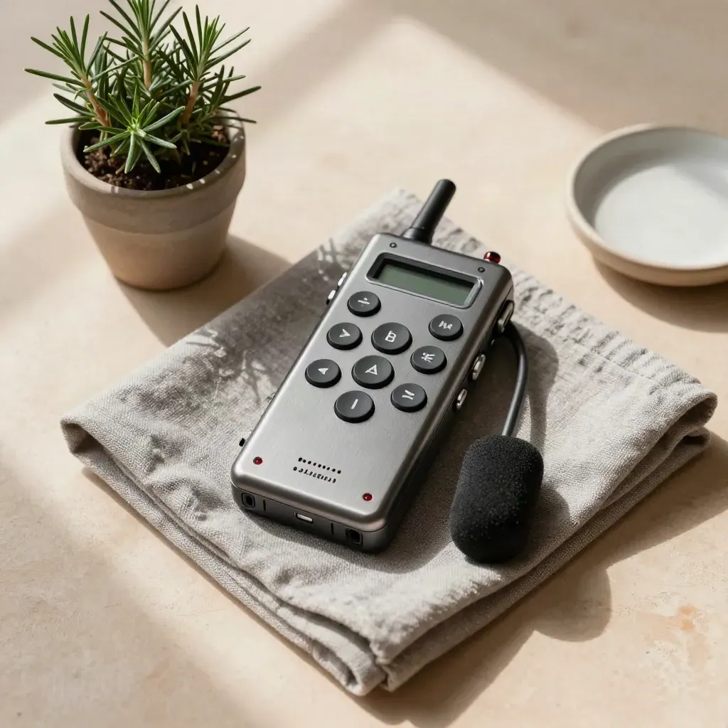 Registratore audio con microfono, panno grigio, rosmarino e piattino in una flatlay dall’alto.