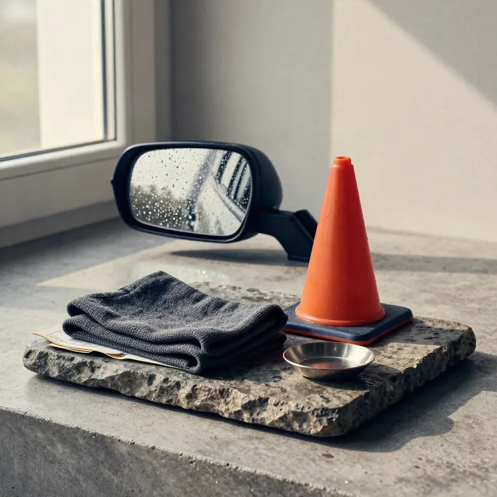 Specchietto auto bagnato, cono stradale mini e panno grigio su vassoio di pietra
