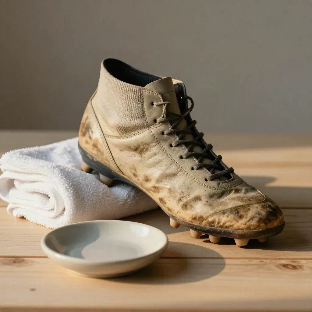Scarpa da calcio consumata, asciugamano arrotolato e ciotola ceramica su legno chiaro.