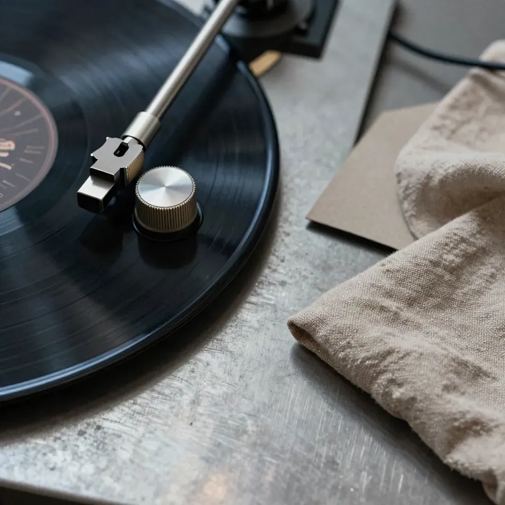 Vista dall’alto di vinile, manopole radio vintage e lino su metallo spazzolato